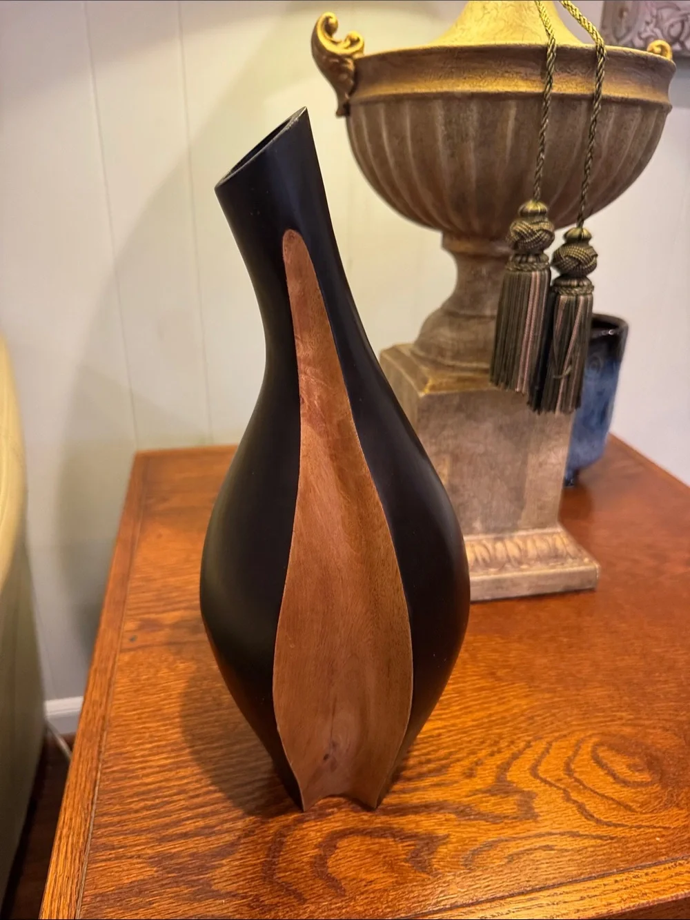 Solid Wood Two Tone Decorative Vase — Modern Wood Accent with swirl.